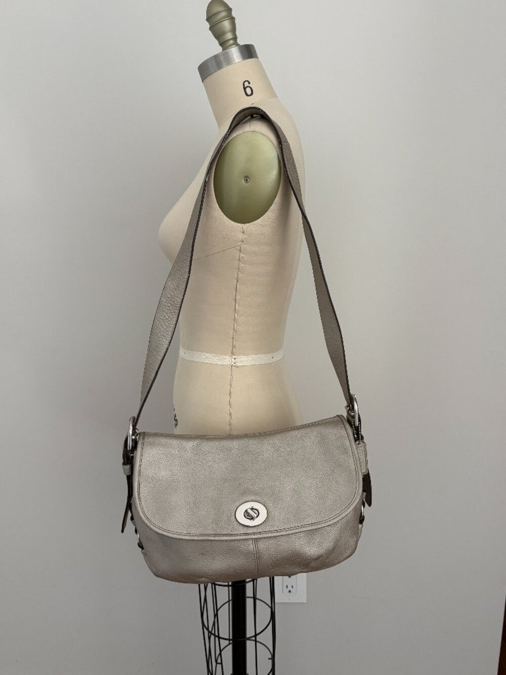 Coach Legacy Flap Silver Metallic Pebbled Leather Turnlock Shoulder Bag F15170